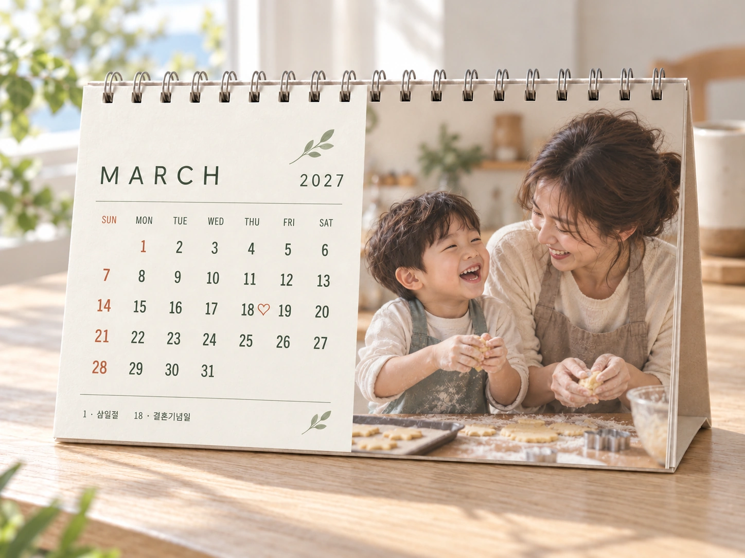 Illustrative upright desk calendar with a family photo beside an ivory and sage March 2027 date panel, a folded stand and top wire binding
