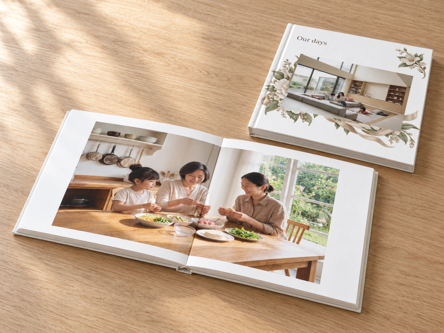 Product illustration inspired by a Firstage theme, showing an open photobook with family photos and a closed floral hardcover