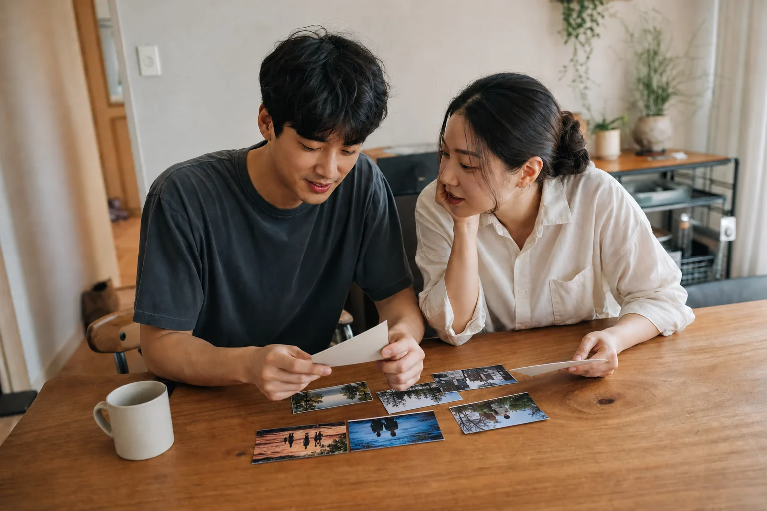 At a wooden table spread with prints, one person studies the photo in his hands while the other rests her chin on her hand and looks with him