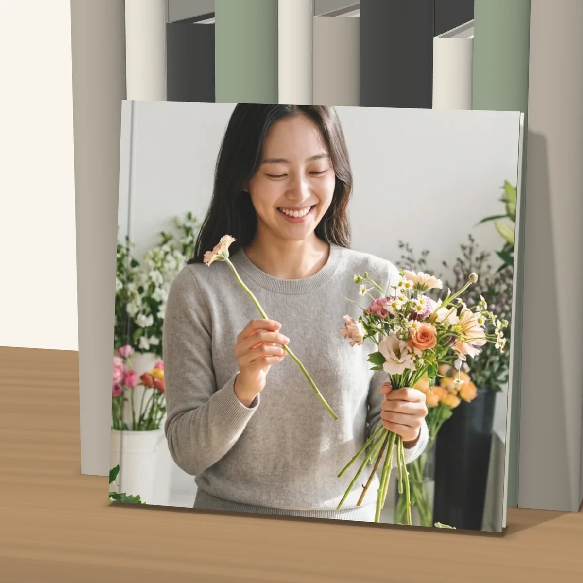 3D rendered illustration: a square photobook leaning against a row of books on a wooden shelf, its cover facing out and filled with a photo of a woman holding a bouquet