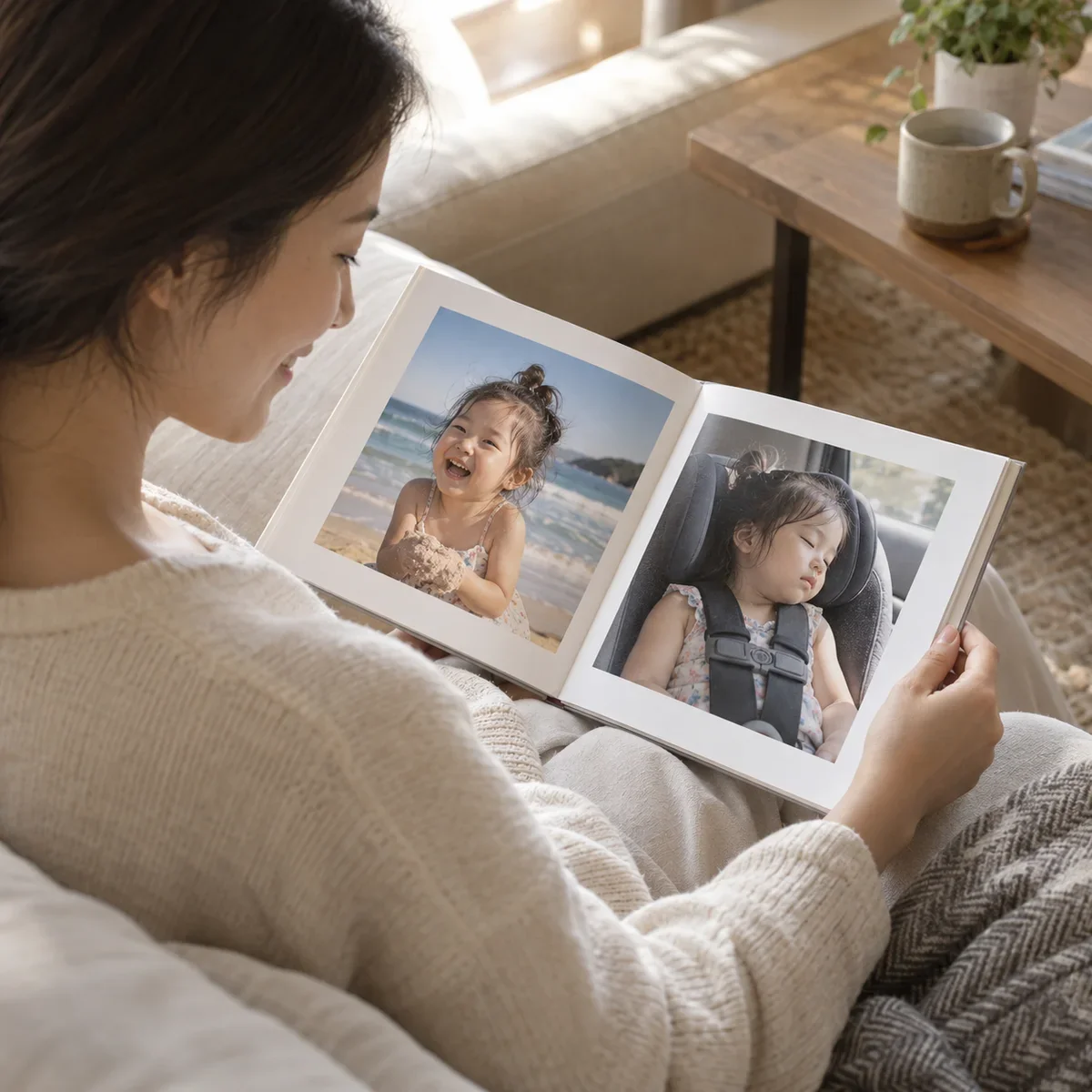 Seen over her shoulder on a sofa, a woman smiles at the photobook open on her lap, a girl laughing on a beach on one page and asleep in a car seat on the other
