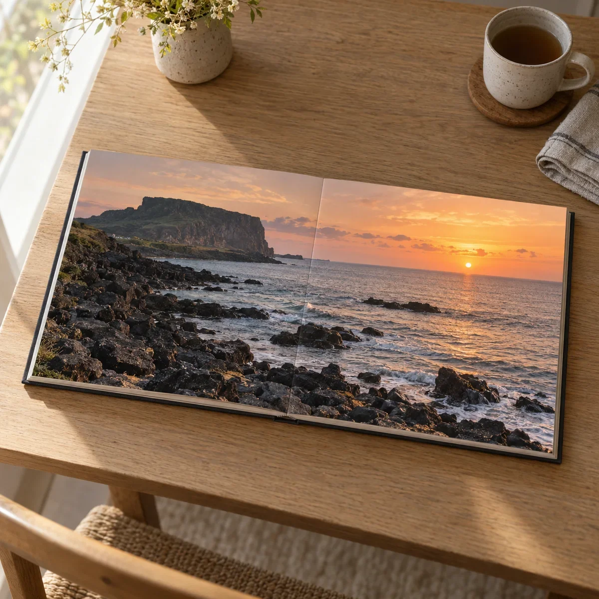 A photobook lying flat on an oak table by the window, one photo of a Jeju coast at sunset running across both pages