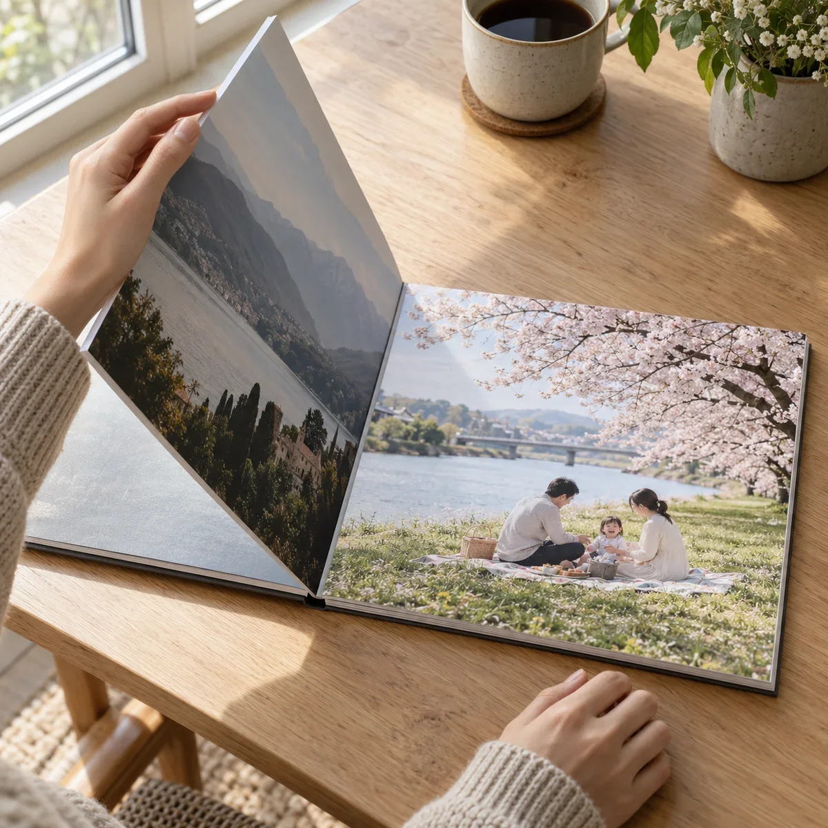 Two hands turning a thick page of a photobook on a sunlit oak table, a mountain lake on the lifted page and a riverside picnic under cherry blossoms on the right page