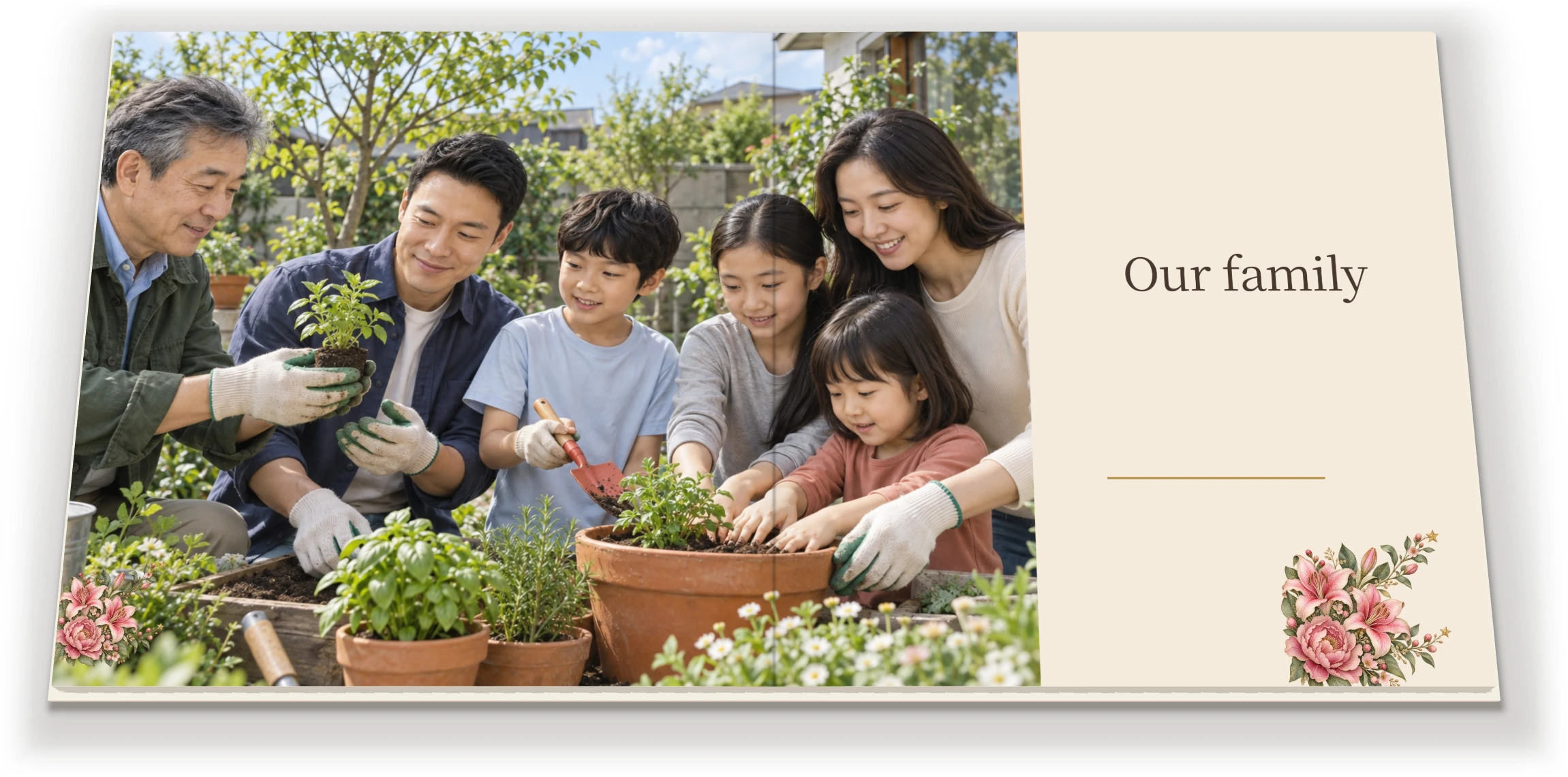 A photobook spread drawn from an actual template: three generations of a family planting pots together in a garden on the left page, the title Our family on the right
