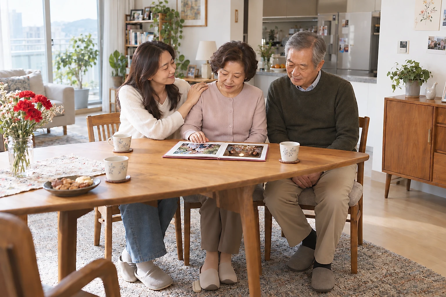 A daughter rests a hand on her mother's shoulder as she and her parents look through an open photobook at the table
