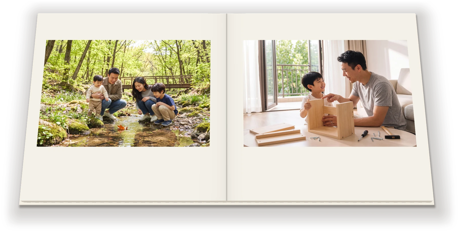 A 3D preview of an open photobook with one photo on each page: a family sitting by a forest stream, and a father building a shelf with his son at home